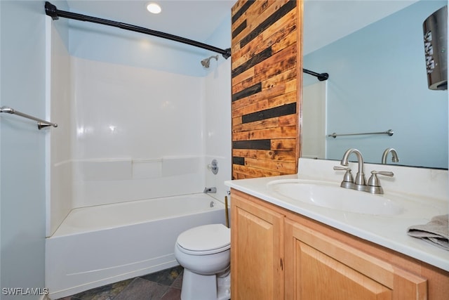 full bathroom with vanity, toilet, wooden walls, and bathing tub / shower combination