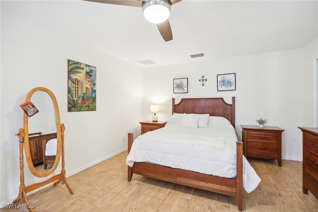 bedroom featuring light wood-type flooring and ceiling fan