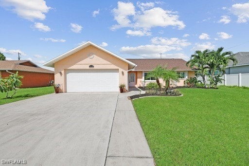 ranch-style home with a front yard and a garage