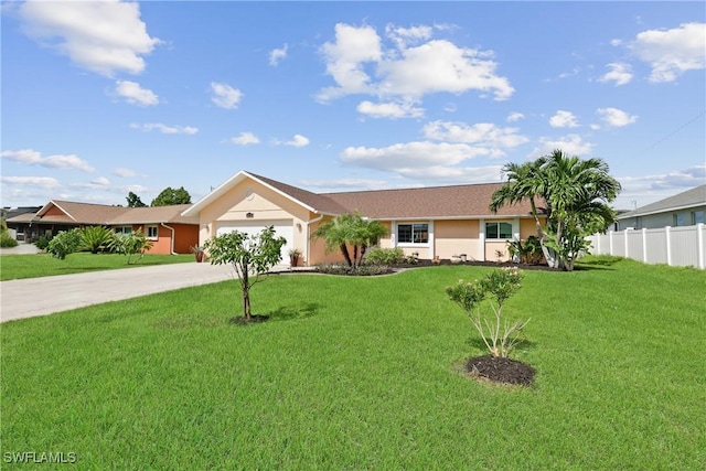 ranch-style home with a front yard and a garage