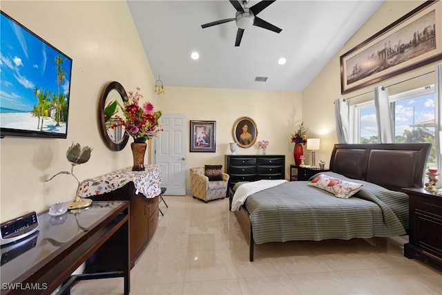 bedroom with light tile patterned floors, ceiling fan, and lofted ceiling