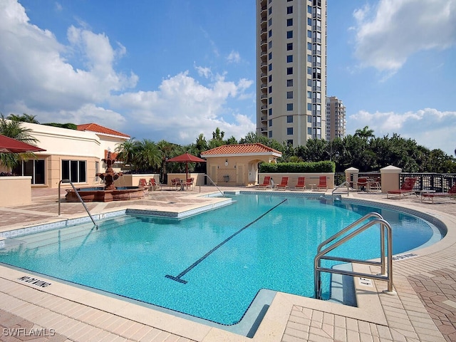 view of swimming pool featuring a patio