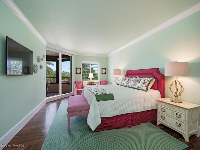 bedroom with dark wood-style flooring, access to exterior, baseboards, and crown molding