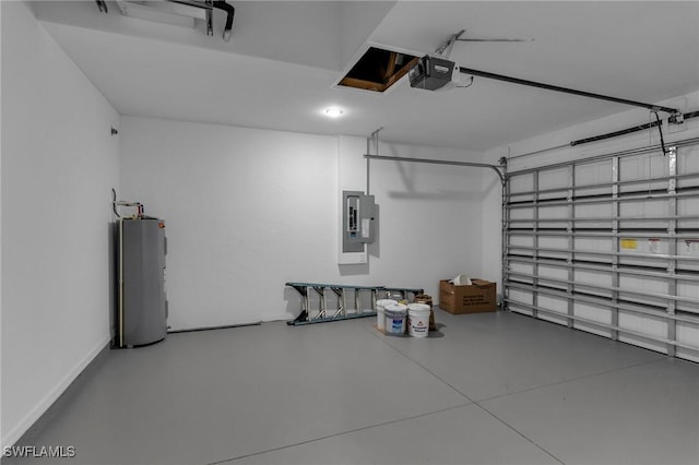 garage featuring a garage door opener, water heater, and electric panel