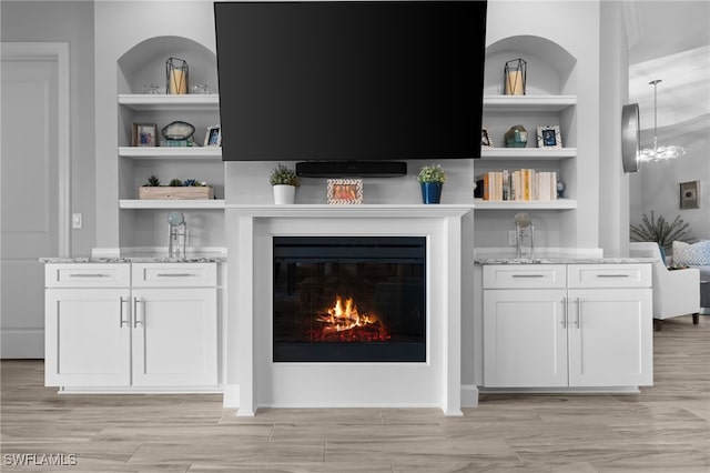 room details featuring built in shelves and wood-type flooring