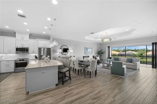 kitchen featuring a tray ceiling, stainless steel appliances, tasteful backsplash, open floor plan, and a kitchen island