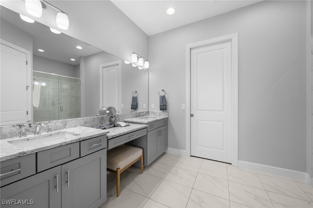 full bathroom featuring recessed lighting, baseboards, a shower stall, and vanity