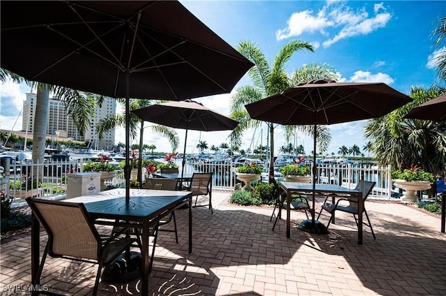 view of patio with a water view