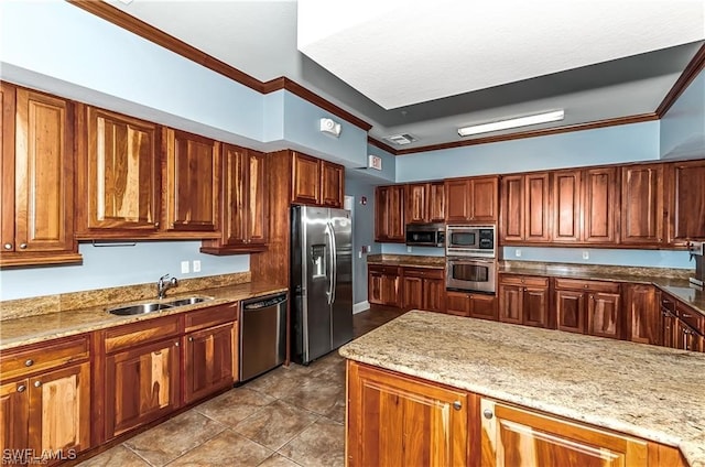 kitchen featuring light stone countertops, stainless steel appliances, sink, and crown molding