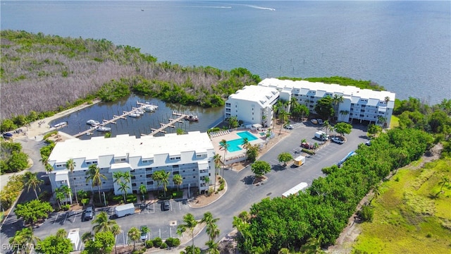 drone / aerial view with a water view