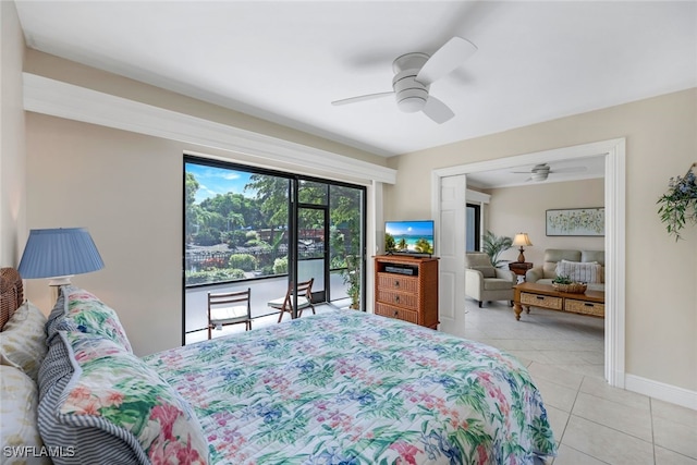 bedroom with ceiling fan, light tile patterned floors, and access to outside