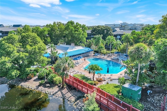 aerial view featuring a water view