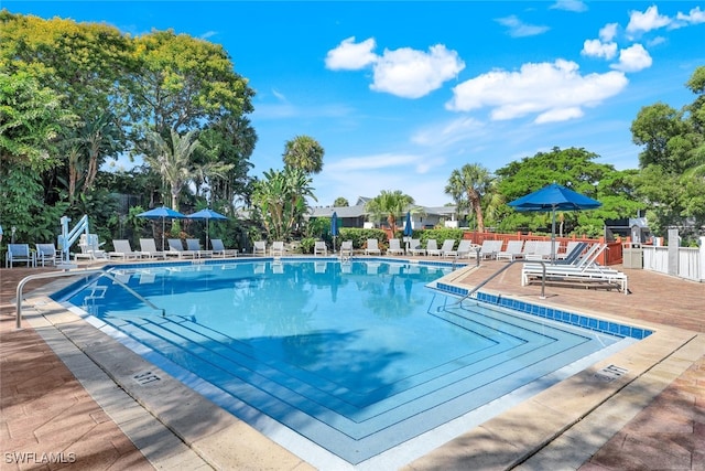 view of swimming pool featuring a patio area