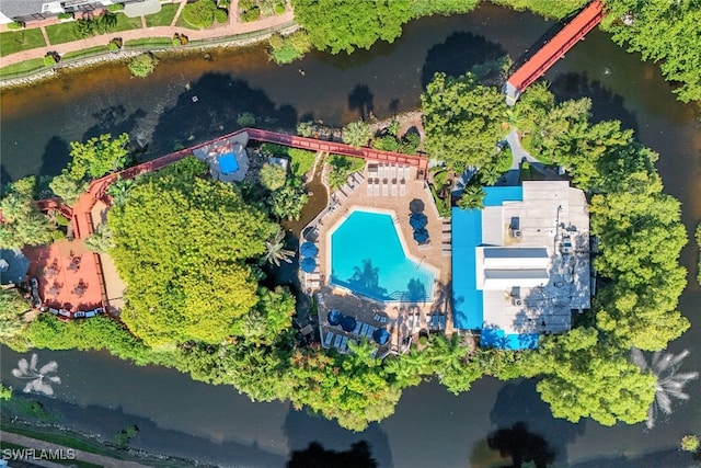 birds eye view of property featuring a water view