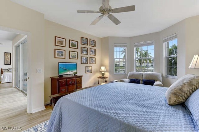 bedroom with light wood-type flooring and ceiling fan