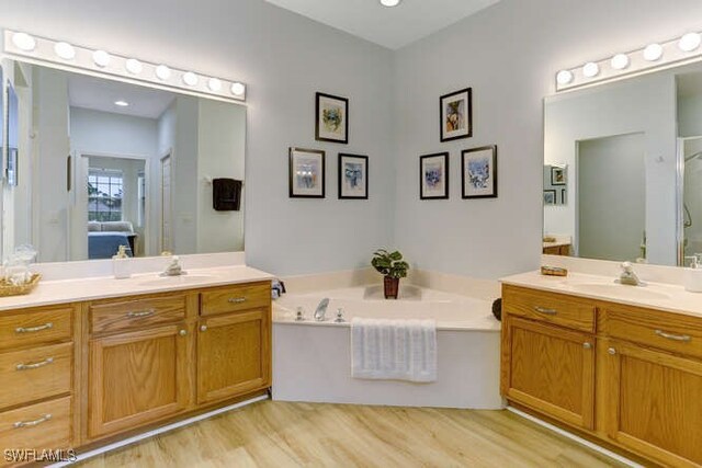 bathroom with a bath, hardwood / wood-style floors, and vanity