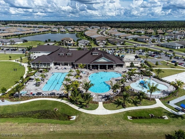 aerial view featuring a water view