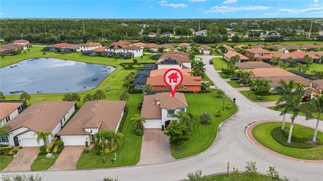 bird's eye view with a residential view and a water view