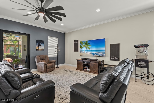 tiled living room with ceiling fan and crown molding