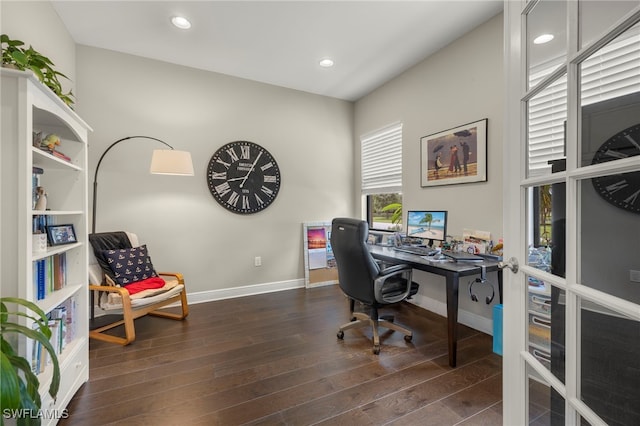 office featuring dark wood finished floors, recessed lighting, and baseboards