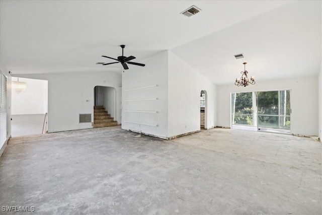 unfurnished living room with ceiling fan with notable chandelier