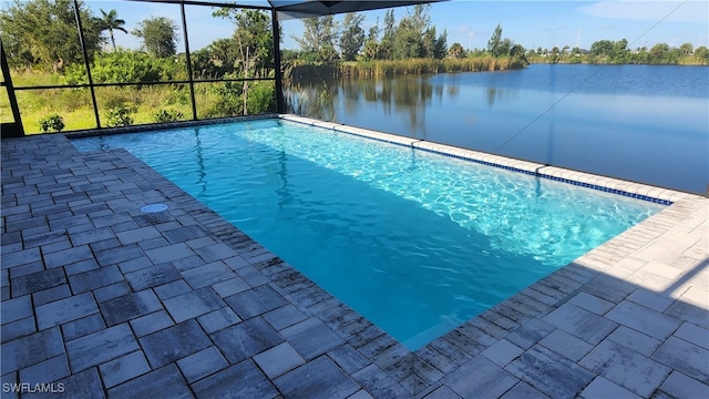 view of pool featuring a lanai and a water view