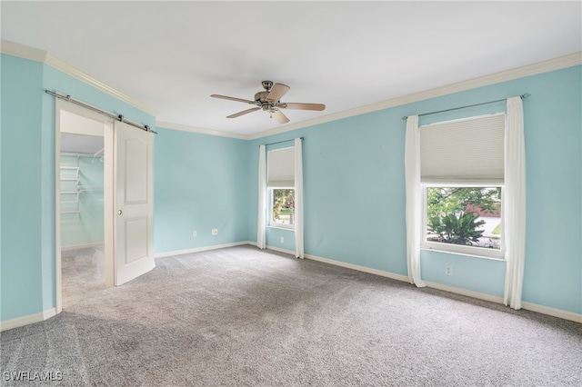 empty room featuring carpet flooring, plenty of natural light, and a barn door