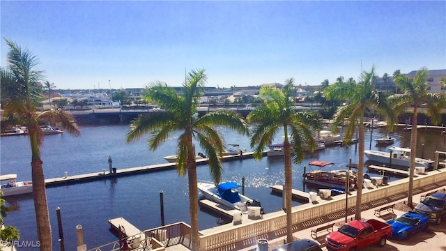 view of dock with a water view