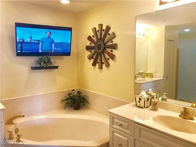 bathroom with plus walk in shower and vanity