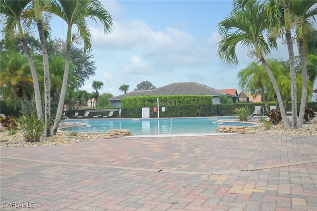 view of swimming pool featuring a hot tub and a patio area