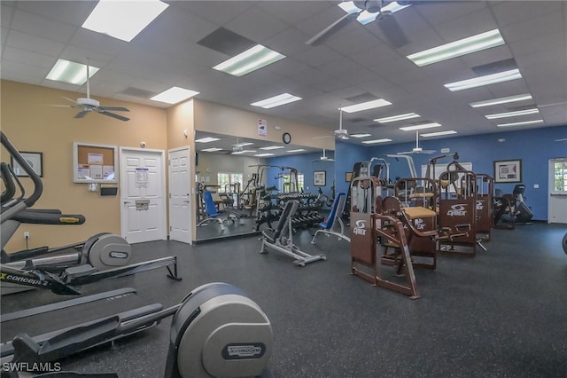 exercise room with a paneled ceiling and ceiling fan