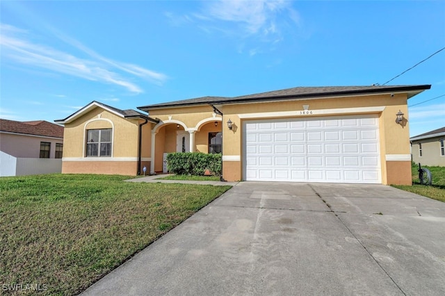 ranch-style house featuring a garage, concrete driveway, a front lawn, and stucco siding