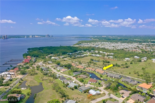 drone / aerial view featuring a water view