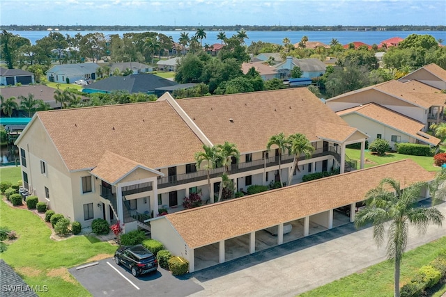 aerial view featuring a water view