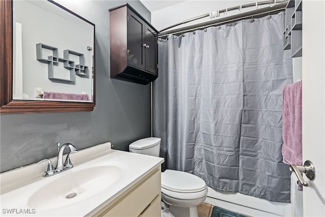 full bathroom with vanity, tile patterned flooring, toilet, and shower / tub combo with curtain