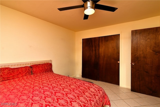 bedroom featuring ceiling fan and light tile patterned floors