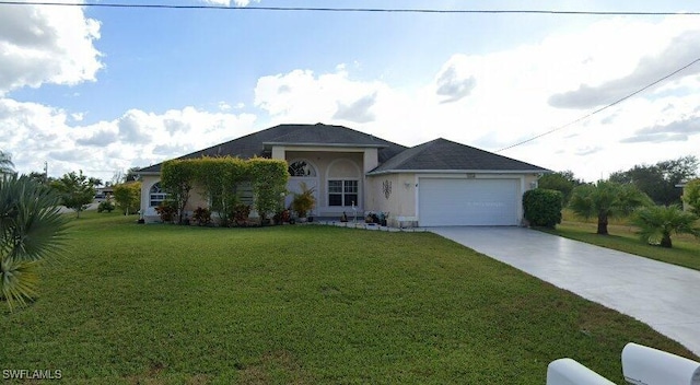 single story home with a garage and a front yard