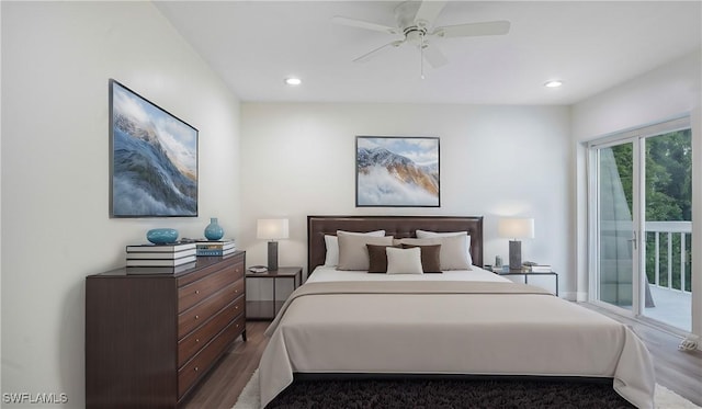 bedroom with a ceiling fan, access to outside, dark wood-style flooring, and recessed lighting