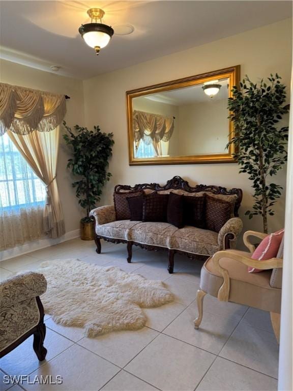 living area featuring tile patterned flooring