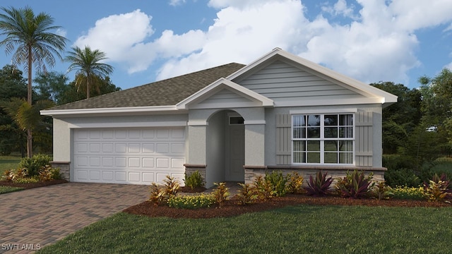 view of front of house with stone siding, roof with shingles, an attached garage, decorative driveway, and a front yard