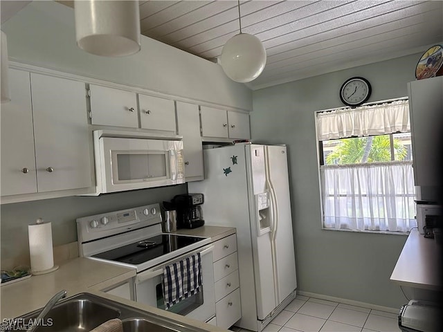 kitchen with white appliances, pendant lighting, wood ceiling, white cabinets, and light tile patterned flooring