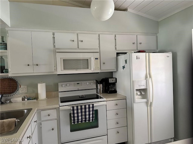 kitchen featuring white cabinetry, white appliances, sink, wooden ceiling, and lofted ceiling