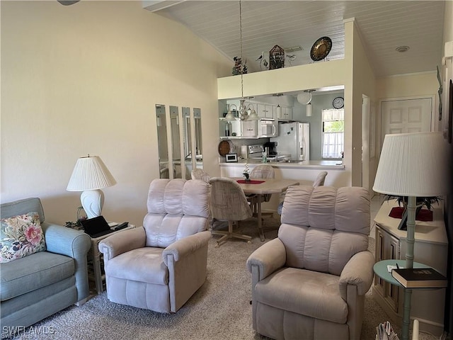 carpeted living area with high vaulted ceiling