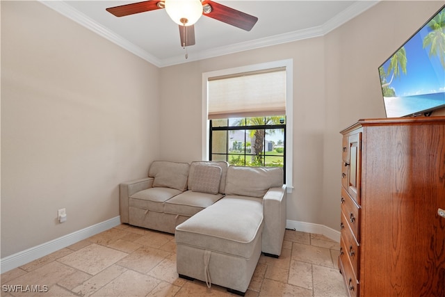 sitting room featuring crown molding and ceiling fan