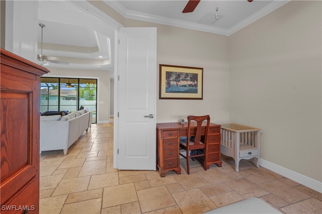 home office featuring ceiling fan and crown molding