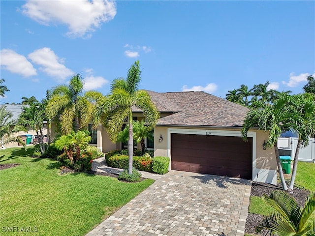 view of front of property with a garage and a front yard