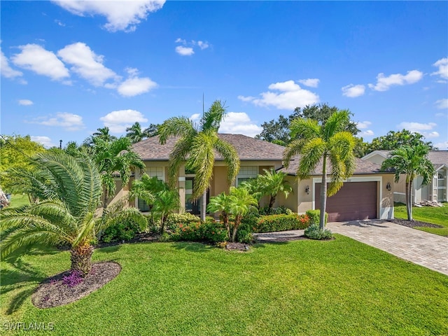 view of front of property featuring a garage and a front lawn