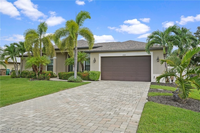 view of front of property with a front yard and a garage