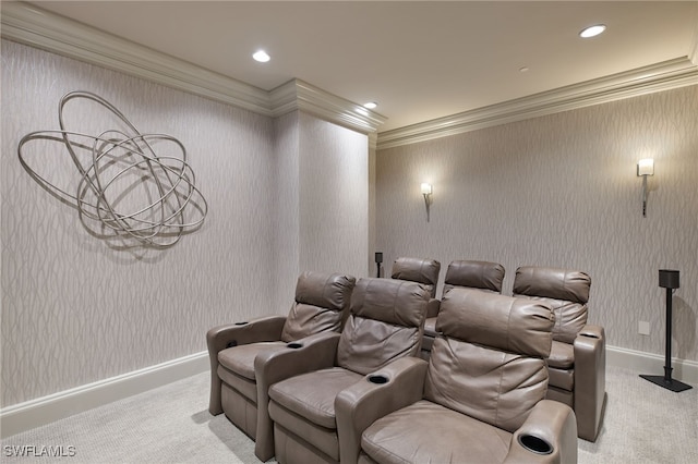 carpeted cinema featuring ornamental molding