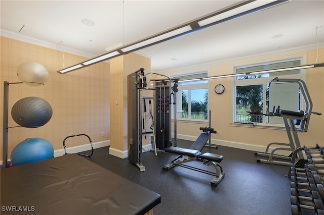 workout area with ornamental molding